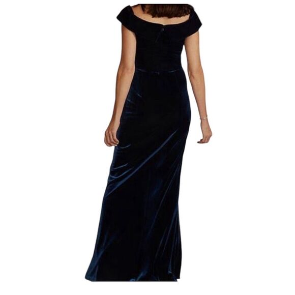 OLEG CASSINI Velvet Off-the-Shoulder Sheath Maxi with Ruffle Navy Size 14 - Picture 14 of 15